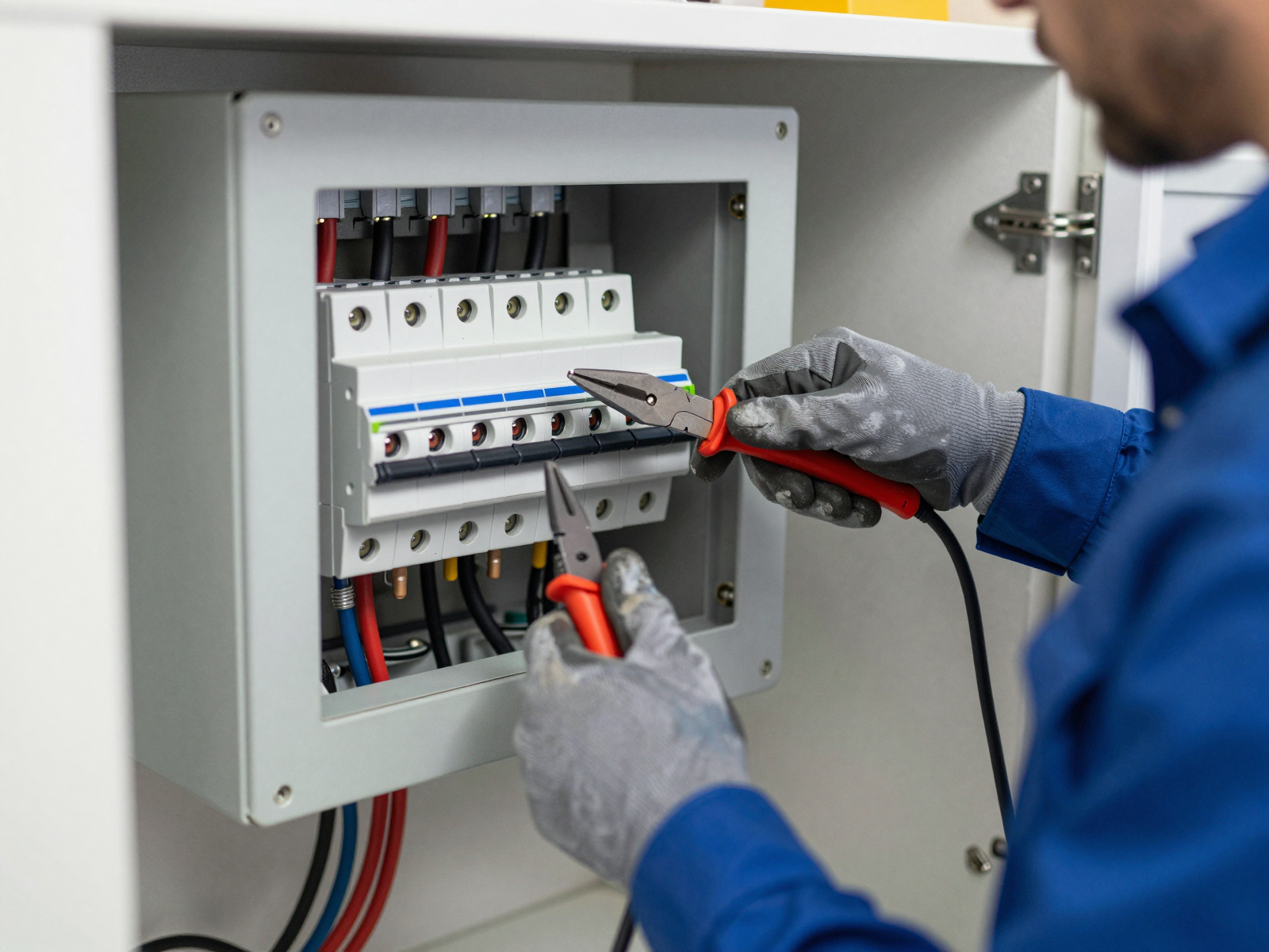 Electrician installing circuit breaker panel